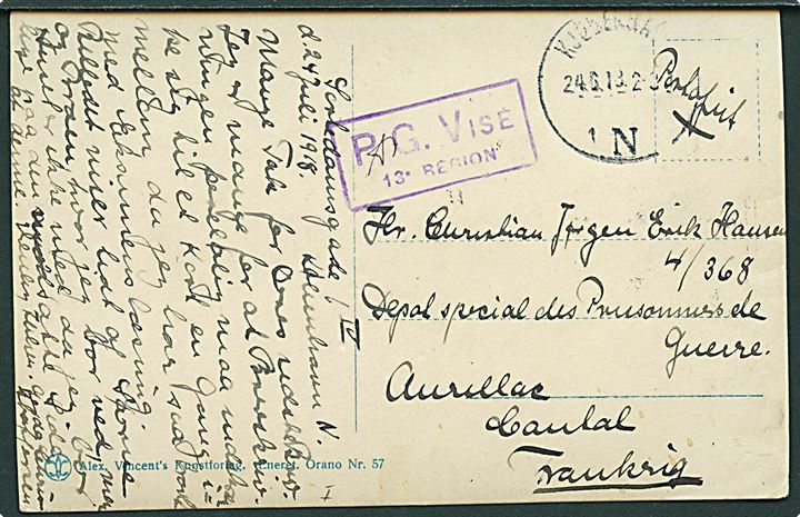 Ufrankeret krigsfangebrevkort fra Kjøbenhavn d. 24.6.1918 til sønderjysk krigsfange i særlejr Aurillac i Frankrig. Violet censurstempel.