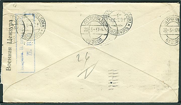 5 cents helsagskuvert fra Eire d. 7.4.1917 til Helsingfors, Finland. Åbnet af russisk censur i Petrograd.