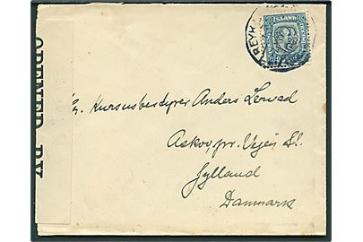 20 aur To Konger på brev annulleret med svagt stempel i Reykjavik d. 7.11.1918 (el. 1916) til Askov pr. Vejen, Danmark. Åbnet af britisk censur no. 5187 og ank.stemplet Vejen d. 16.12.1916 el. 1918.
