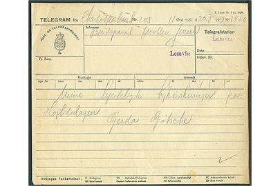 Telegramformular T.Form. Nr. 3 (1/3 1929) med meddelelse fra Charlottenlund modtaget i Lemvig d. 25.8.1929.