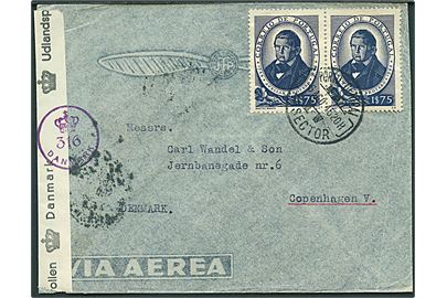 1$75 Brotero i parstykke på luftpostbrev fra Oporto d. 6.8.1945 til København, Danmark. Åbnet af dansk efterkrigscensur (krone)/316/Danmark.