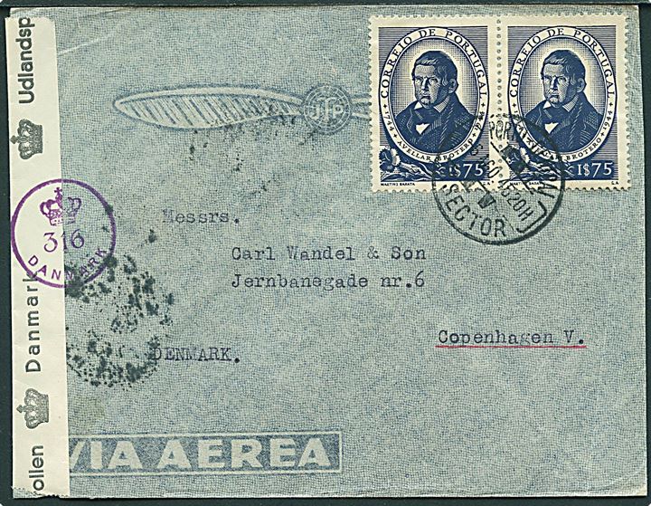 1$75 Brotero i parstykke på luftpostbrev fra Oporto d. 6.8.1945 til København, Danmark. Åbnet af dansk efterkrigscensur (krone)/316/Danmark.
