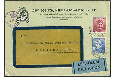 1,50 kc. og 2 kc. på luftpostbrev fra Hermanuv Mestec 1945 til Kolding, Danmark. Passér stemplet af den danske efterkrigscensur (krone)/294/Danmark.