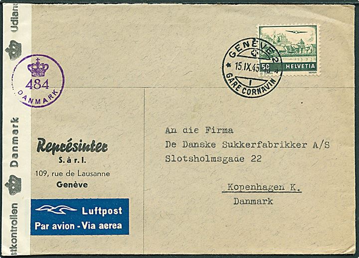 50 c. Luftpost single på luftpostbrev fra Genéve d. 15.9.1945 til København, Danmark. Åbnet af dansk efterkrigscensur (krone)/484/Danmark.
