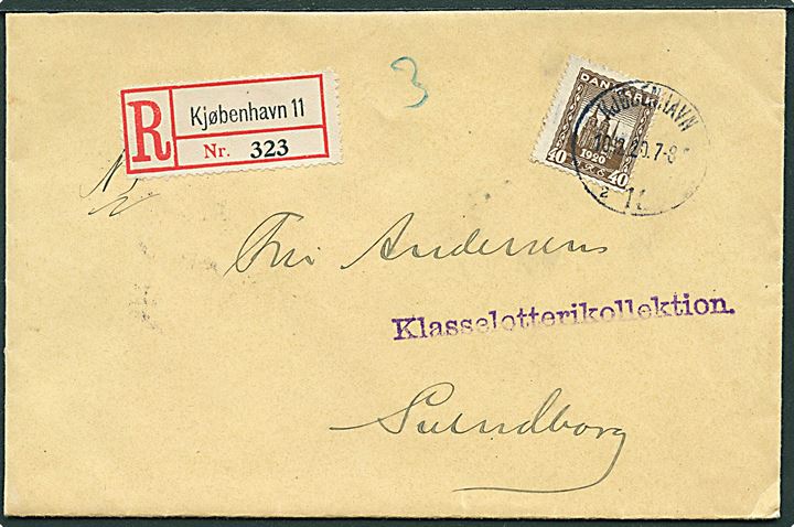 40 øre Genforening single på anbefalet brev fra Kjøbenhavn d. 10.12.1920 til Svendborg.