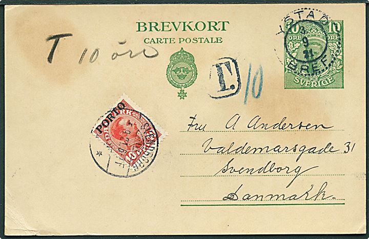 Svensk 10 öre helsagsbrevkort fra Ystad d. 3.9.1921 til Svendborg, Danmark. Underfrankeret og udtaksert i porto med 10 øre Porto-provisorium stemplet Svendborg d. 5.9.1921.
