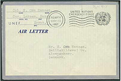 Ufrankeret UNEF Air Letter stemplet United Nations Emergency Force d. 10.5.1957 til Klampenborg, Danmark. Fra Coy. Larsen, Danor i Egypten. Uden indhold.