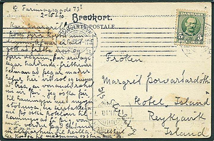 5 øre Fr. VIII på brevkort fra Kjøbenhavn d. 6.5.1910 til Reykjavik, Island. Påskrevet: S/S Sterling. Ank.stemplet Reykjavik d. 17.6.1910. Nålehuller.