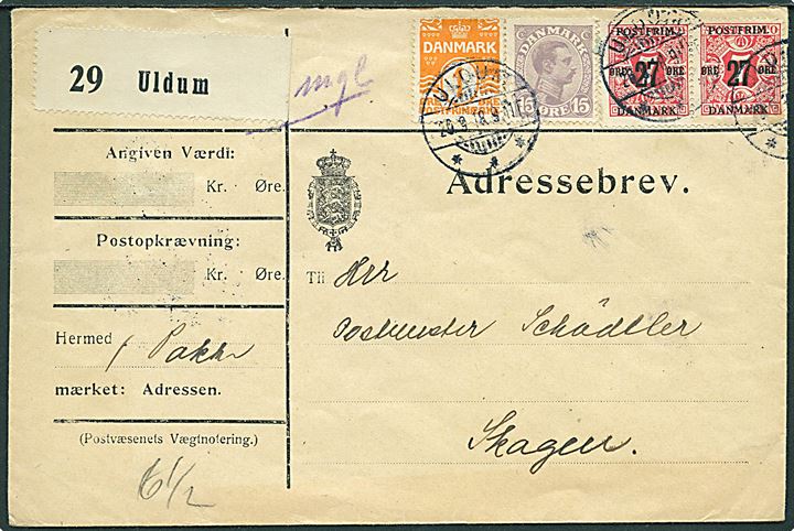 1 øre Bølgelinie, 15 øre Chr. X og 27/7 øre Provisorium i parstykke på 70 øre frankeret adressebrev for pakke fra Uldum d. 29.9.1918 til Skagen.