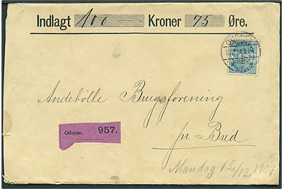 20 øre Våben single på værdibrev fra Odense d. 10.12.1904 til Andebølle Brugsforening pr. Bred.