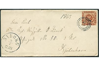 4 sk. 1858 udg. på brev annulleret med nr.stempel 46 og sidestemplet antiqua Nyborg d. 9.4.1863 til Kjøbenhavn.