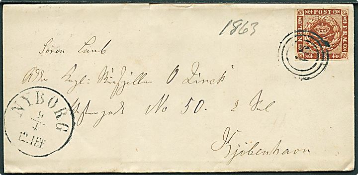 4 sk. 1858 udg. på brev annulleret med nr.stempel 46 og sidestemplet antiqua Nyborg d. 9.4.1863 til Kjøbenhavn.
