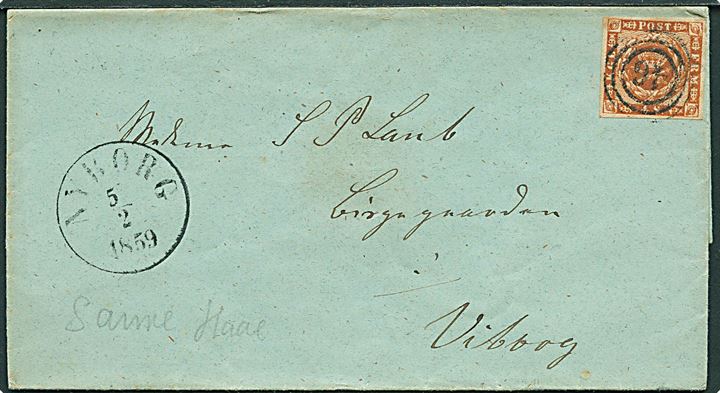 4 sk. 1858 udg. på brev annulleret med nr.stempel 46 og sidestemplet antiqua Nyborg d. 5.2.1859 til Viborg.