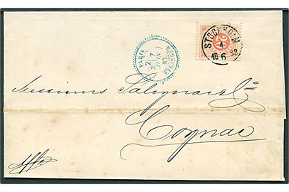 20 öre Ringtype single på foldebrev fra Stockholm d. 4.6.1883 via Paris til Cognac, Frankrig.