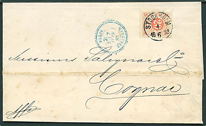 20 öre Ringtype single på foldebrev fra Stockholm d. 4.6.1883 via Paris til Cognac, Frankrig.