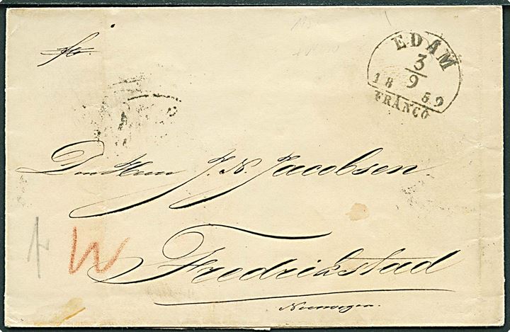1859. Ufrankeret frankobrev stemplet Edam Franco d. 3.9.1859 via K.D.O.P.A. Hamburg til Frederikstad, Norge.