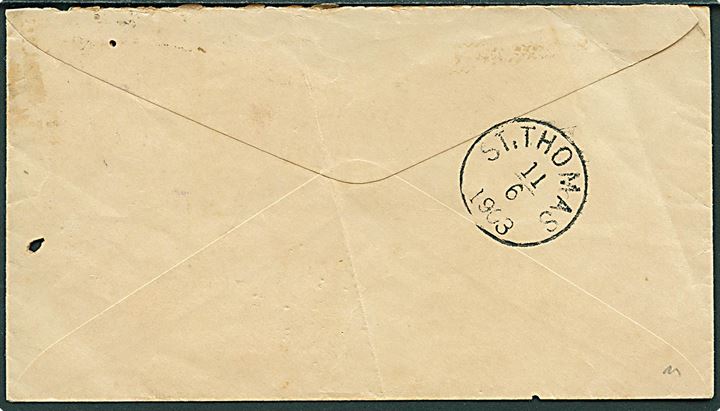 2 cents Våben single på brev fra Christiansted d. 11.6.1903 til St. Thomas. Trope-hul tæt på mærket.