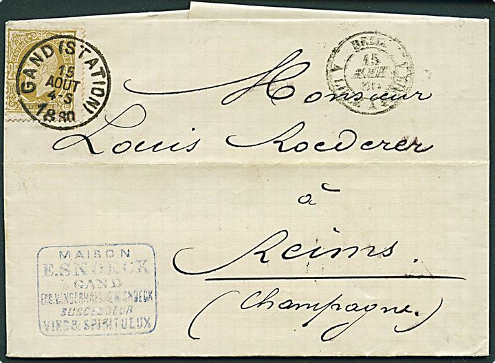 25 c. Leopold II single på brev fra Gand d. 15.8.1880 til Reims, Frankrig.