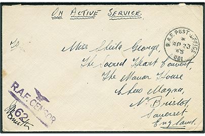 Ufrankeret OAS feltpostbrev stemplet R.A.F. Post Office 001 (= Reykjavik) d. 23.4.1945 til England. R.A.F. R.A.F. Censor no. 62.