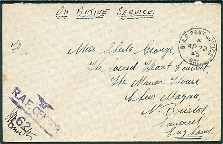 Ufrankeret OAS feltpostbrev stemplet R.A.F. Post Office 001 (= Reykjavik) d. 23.4.1945 til England. R.A.F. R.A.F. Censor no. 62.
