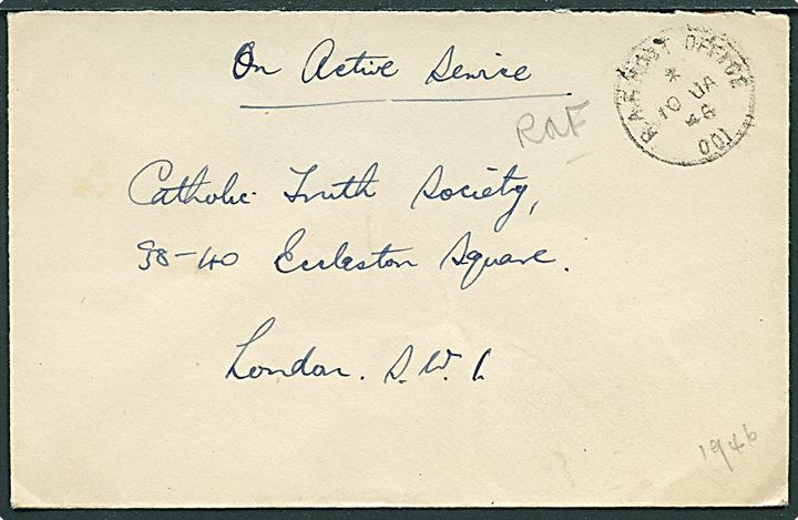 Ufrankeret OAS feltpostbrev stemplet R.A.F. Post Office 001 (= Reykjavik) d. 10.1.1946 til England.