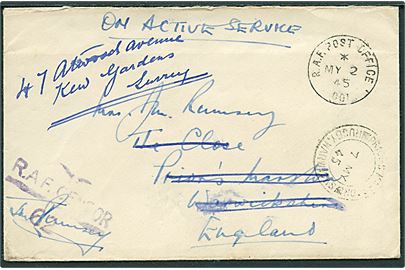 Ufrankeret OAS feltpostbrev stemplet R.A.F. Post Office 001 (= Reykjavik) d. 2.5.1945 til England - eftersendt. R.A.F. Censor no. 62.