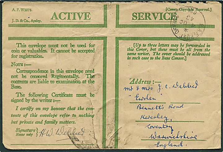 Ufrankeret Honour Envelope stemplet R.A.F. Post Office 001 (= Reykjavik) d. 4.10.1943 til England.