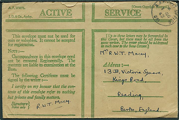 Ufrankeret Honour Envelope stemplet R.A.F. Post Office 001 (= Reykjavik) d. 1.11.1943 til England.