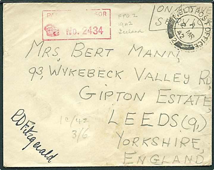 Ufrankeret OAS feltpostbrev stemplet Field Post Office 2 (= Reykjavik) d. 2.3.1942 til England. Unit censor no. 2434.