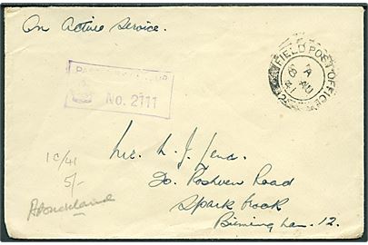 Ufrankeret OAS feltpostbrev stemplet Field Post Office 2 (= Reykjavik) d. 8.8.1941 til England. Unit censor no. 2111.