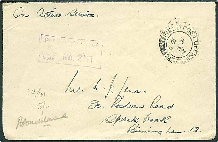 Ufrankeret OAS feltpostbrev stemplet Field Post Office 2 (= Reykjavik) d. 8.8.1941 til England. Unit censor no. 2111.