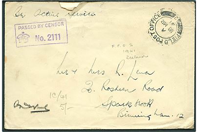 Ufrankeret OAS feltpostbrev stemplet Field Post Office 2 (= Reykjavik) d. 18.3.1941 til England. Unit censor no. 2111.