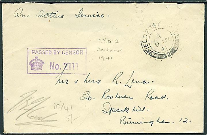 Ufrankeret OAS feltpostbrev stemplet Field Post Office 2 (= Reykjavik) d. 9.5.1941 til England. Unit censor no. 2111.