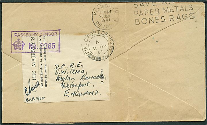 Ufrankeret OHMS feltpostbrev stemplet Field Post Office 2 (= Reykjavik) d. 11.1.1941 til England. Unit censor no. 2111. Aflang kuvert med fold.