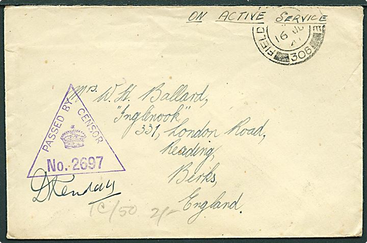 Ufrankeret OAS feltpostbrev stemplet Field Post Office 306 (= Reykjavik) d. 16.6.1941 til England. Unit censor no. 2697.