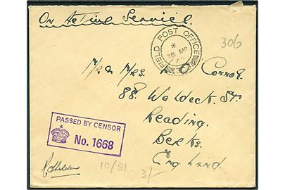 Ufrankeret OAS feltpostbrev stemplet Field Post Office 306 (= Reykjavik) d. 28.3.1942 til England. Unit censor no. 1668.