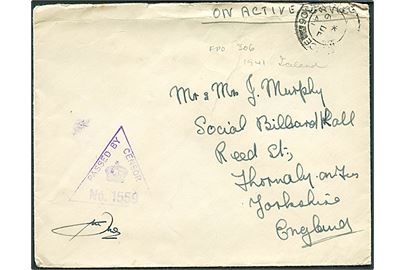 Ufrankeret OAS feltpostbrev stemplet Field Post Office 306 (= Reykjavik) d. 6.12.1941 til England. Unit censor no. 1559.