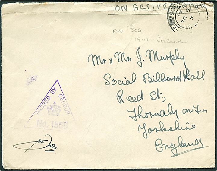 Ufrankeret OAS feltpostbrev stemplet Field Post Office 306 (= Reykjavik) d. 6.12.1941 til England. Unit censor no. 1559.