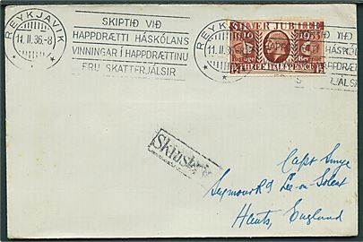 1½d George V Jubilee på skibsbrev annulleret med islandsk stempel i Reykjavik d. 11.2.1936 og sidestemplet Skipsbrjef til England.
