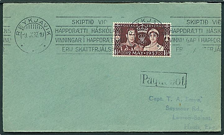 1½d Coronation på skibsbrev annulleret med islandsk stempel i Reykjavik d. 9.9.1937 og sidestemplet Paquebot til Lee-on-Solent, England.