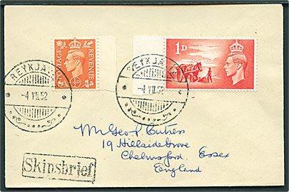 ½d George VI og 1d Kanaløernes Befrielse på skibsbrev annulleret med islandsk stempel i Reykjavik d. 4.6.1952 og sidestemplet Skipsbrjef til England.