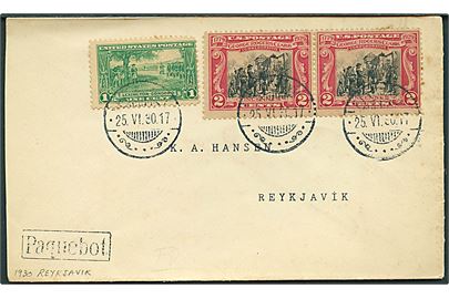 Amerikansk 5 cents frankeret skibsbrev annulleret med islandsk stempel i Reykjavik d. 25.6.1930 og sidestemplet Paquebot til Reykjavik.
