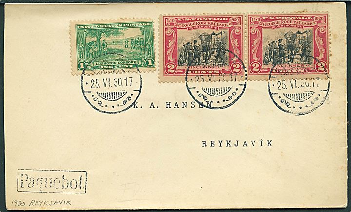 Amerikansk 5 cents frankeret skibsbrev annulleret med islandsk stempel i Reykjavik d. 25.6.1930 og sidestemplet Paquebot til Reykjavik.