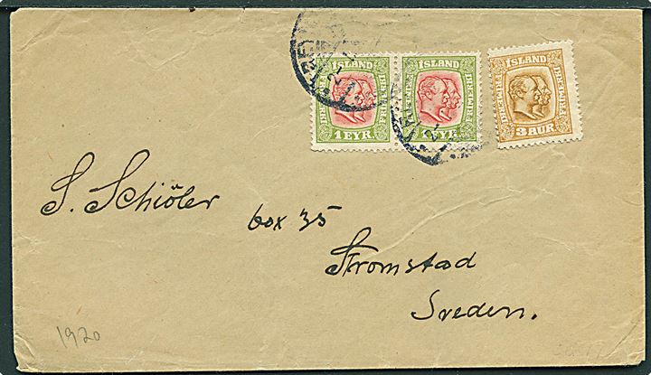 1 eyr (par) og 3 Aur To Konger på brev annulleret med svagt stempel i Reykjavik d. 2.1.1920 til Strömstad, Sverige.