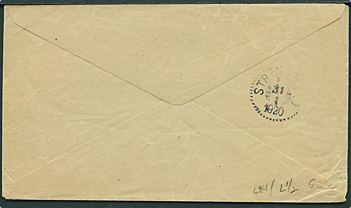 1 eyr (par) og 3 Aur To Konger på brev annulleret med svagt stempel i Reykjavik d. 2.1.1920 til Strömstad, Sverige.