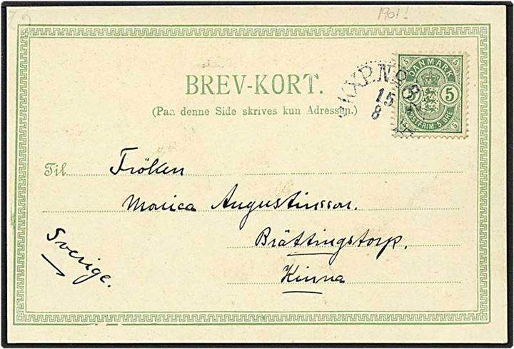 5 øre grøn våbentype på postkort fra Marienlyst d. 15.8.1901 til Kiruna, Sverige. Afstemplet med svensk bureaustempel.