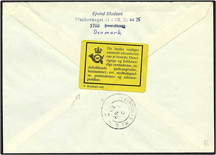 2,80 kr. flerfarvet København-Bonn erklæringen på brev fra Svendborg d. 24.6.1985 til Bucks, England. Brevet returneret og påsat meddelelse omkring fuldstændig adresse.
