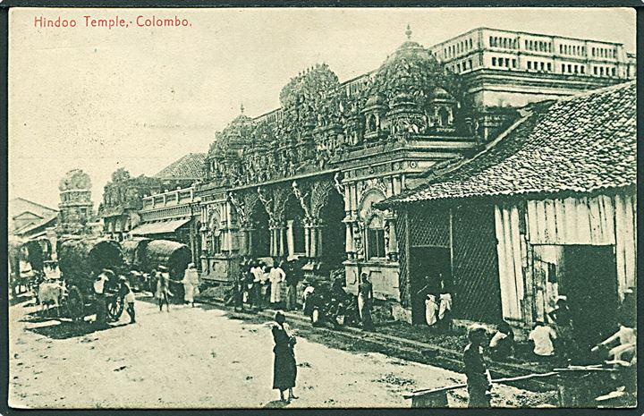 Hindu tempel i Colombo, Ceylon. Platé no. 14. Frankeret med 6 cent, sendt til Danmark.