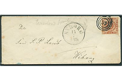 4 sk. 1858 udg. på brev annulleret med nr.stempel 46 og sidestemplet antiqua Nyborg d. 15.7.1861 til Viborg.