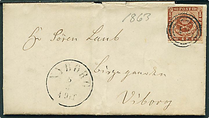 4 sk. 1858 udg. på brev annulleret med nr.stempel 46 og sidestemplet med antiqua Nyborg d. 8.3.1863 til Viborg.